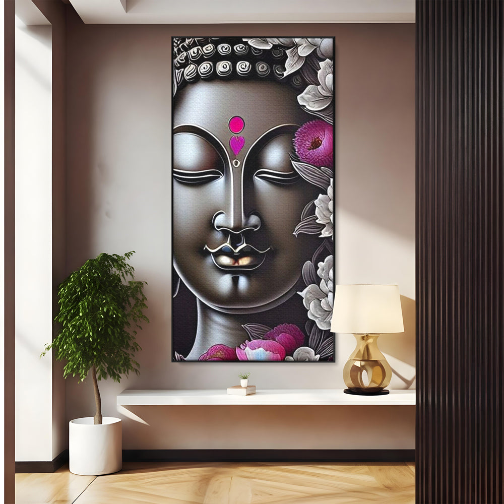 Tablou canvas cu tablou canvas cu chipul lui buddha si flori, in rama de aluminiu negru